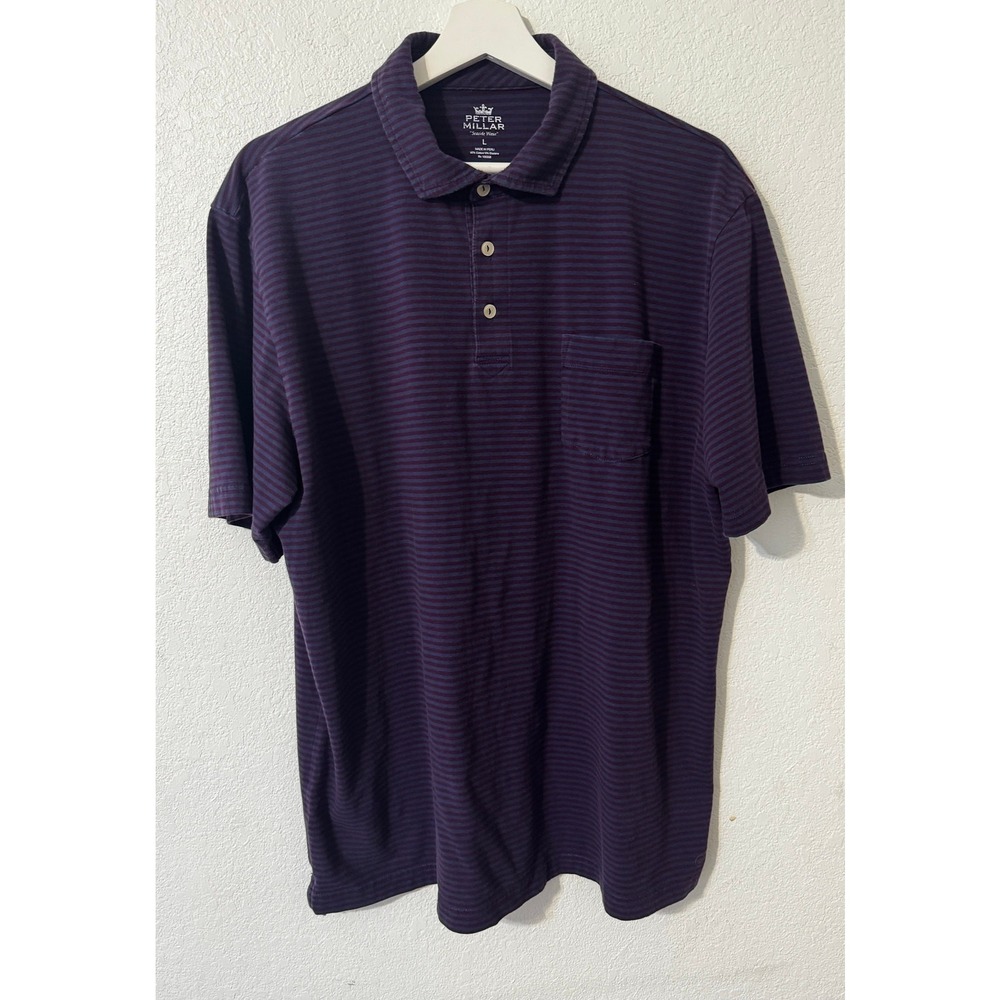 Peter Millar Mens Large Striped Polo Shirt Purple Blue Seaside Wash Short Sleeve